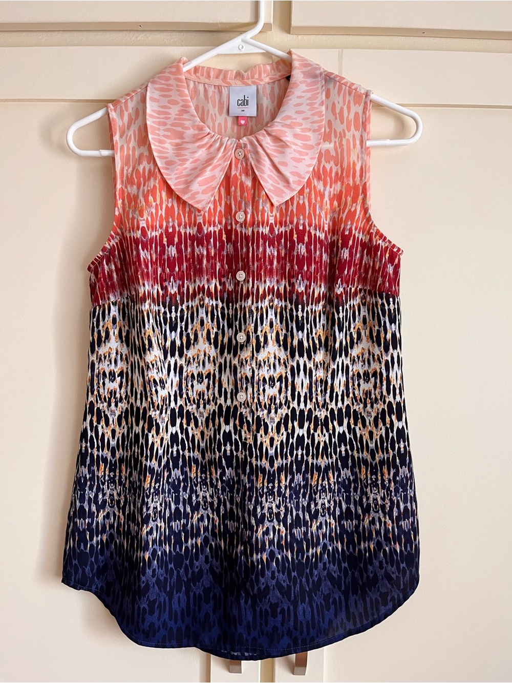 CAbi Sleeveless Ombre Animal-Print Blouse in Coral and Navy